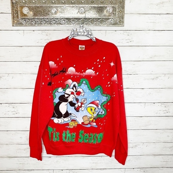 Vintage 90s Looney Tunes Tweety and Sylvester Red Christmas Ugly Holiday Sweater - Picture 1 of 11